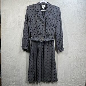 Vintage Leslie Fay Midi Shirt Dress‎ Size 8P Pleated Belted Blue Design